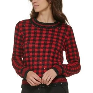 Karl Lagerfeld Red & Black Buffalo Plaid Crewneck Pullover with Sparkle Detail